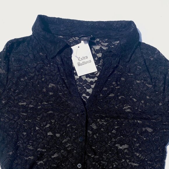 Women’s Moda International Sheer Black Lace Long Sleeve Button-Up Blouse Lg NWOT - Picture 4 of 8